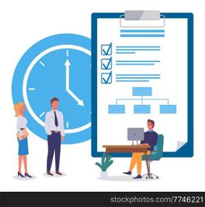 Team of people makes a business plan vector illustration. Businessmen standing near big circuit plan with marks on points and wall clock. Business presentation and project management concept. Team of people makes a business plan. Businessmen standing near circuit plan with marks on points