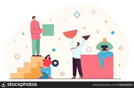 Team of people organizing geometric figures of different shapes. Group of men and women holding triangle, circle, square, working together flat vector illustration. Organization, teamwork concept