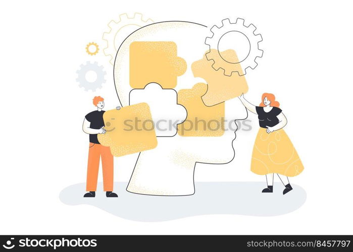 Team of people putting puzzle pieces of huge head together. Man and woman creating personality flat vector illustration. Mental health, psychological help, support, partnership, leadership concept