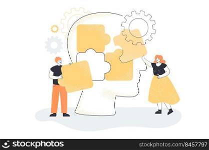 Team of people putting puzzle pieces of huge head together. Man and woman creating personality flat vector illustration. Mental health, psychological help, support, partnership, leadership concept