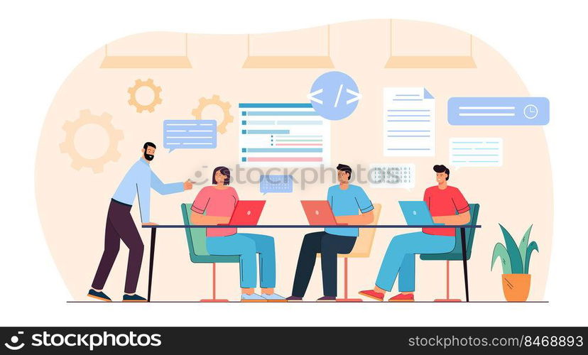 Team of programmers working on program code with laptops. Teamwork of male and female professional testers and coders flat vector illustration. Software development, programming lesson concept. Team of programmers working on program code with laptops