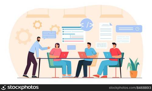 Team of programmers working on program code with laptops. Teamwork of male and female professional testers and coders flat vector illustration. Software development, programming lesson concept. Team of programmers working on program code with laptops