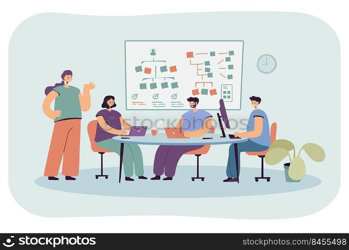Team of programmers working on software. Flat vector illustration. Young people listening to lesson, creating app in front of monitors, in office workplace. Business, lecture, development, SMM concept