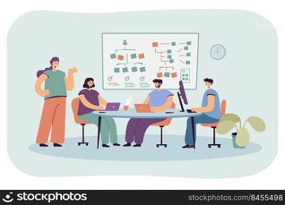 Team of programmers working on software. Flat vector illustration. Young people listening to lesson, creating app in front of monitors, in office workplace. Business, lecture, development, SMM concept