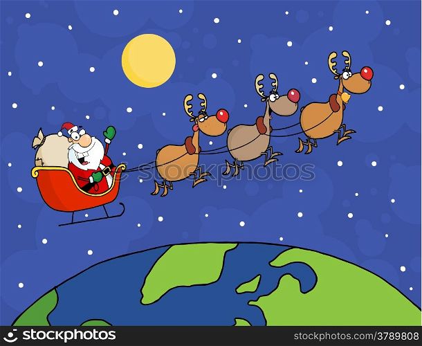 Team Of Reindeer And Santa In His Sleigh