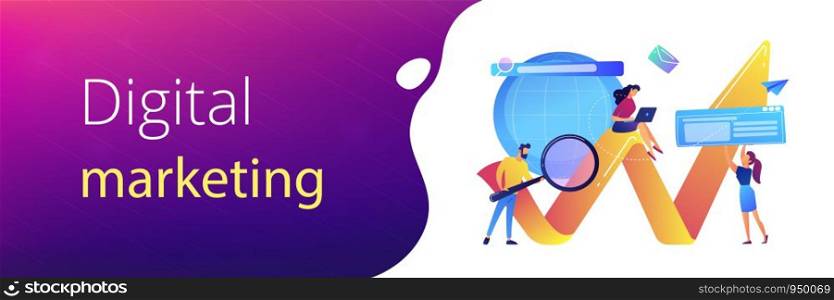 Team of specialists with magnifier and laptop and arrow. Digital marketing, PPC campaign, customer relationships concept on white background. Header or footer banner template with copy space.. Digital marketing concept banner header.