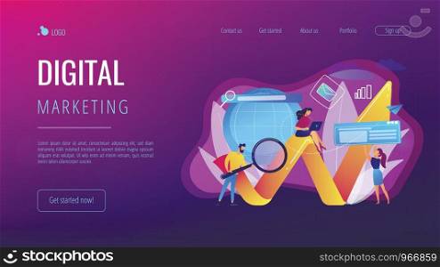 Team of specialists with magnifier and laptop and arrow. Digital marketing, PPC campaign, customer relationships concept on white background. Website vibrant violet landing web page template.. Digital marketing concept landing page.