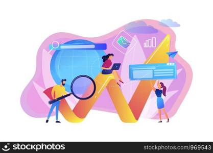 Team of specialists with magnifier and laptop and arrow. Digital marketing, PPC campaign, customer relationships concept on white background. Bright vibrant violet vector isolated illustration. Digital marketing concept vector illustration.