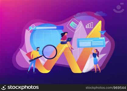 Team of specialists with magnifier and laptop and arrow. Digital marketing, PPC campaign, customer relationships concept on ultraviolet background. Bright vibrant violet vector isolated illustration. Digital marketing concept vector illustration.