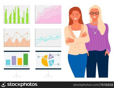 Team of successful women business consultants and diagrams and graphs with financial statistics data isolated. Vector charts and pies, infographic concept. Team of Successful Women Business Consultants