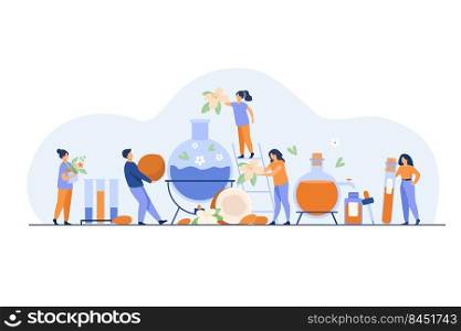 Team of technologists making skin care products, mixing herbs, blossoms and essential oils in distiller. Vector illustration for cosmetic production process concept