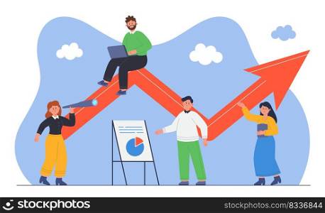 Team of tiny cartoon company people with balanced scorecard. Business boost or progress, up arrow, office persons with plan and aim flat vector illustration. Teamwork, success, achievement concept