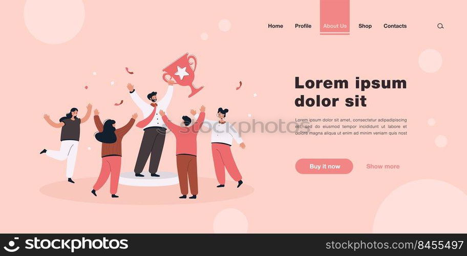 Team of tiny office people employees winning gold cup flat vector illustration. Cartoon happy characters with award or trophy. Business achievement and teamwork concept