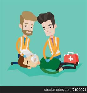 Team of young emergency doctors during process of resuscitation of an injured man. Caucasian paramedics doing cardiopulmonary resuscitation of a man. Vector flat design illustration. Square layout.. Emergency doctors carrying man on stretcher.