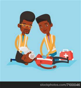 Team of young emergency doctors during process of resuscitation of an injured man. African-american paramedics doing cardiopulmonary resuscitation. Vector flat design illustration. Square layout.. Paramedics doing cardiopulmonary resuscitation.