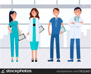 Team of young healthcare workers and doctors wearing medical uniform and stethoscope. Hospital, nursing staff or team of physicians. Vector illustration in flat cartoon style. Team of Medical Workers, Hospital Staff Vector
