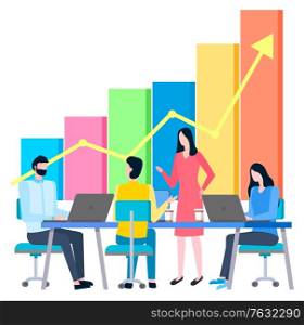 Team on meeting discussing problems of company, man and woman with laptops and devices. Boss and employees working together character. Business teamwork. Vector illustration in flat cartoon style. Charts and Infocharts Diagrams and Meeting Team
