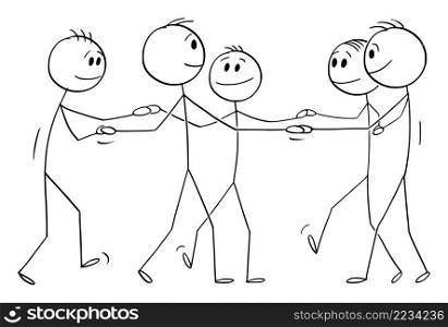 Team or group of people or friends holding hand and standing in circle, vector cartoon stick figure or character illustration.. Group of People or Team is Holding Hands and Standing in Circle , Vector Cartoon Stick Figure Illustration