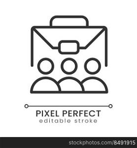 Team pixel perfect linear icon. Professional cooperation. Teamwork and collaboration. Personnel. Thin line illustration. Contour symbol. Vector outline drawing. Editable stroke. Poppins font used. Team pixel perfect linear icon