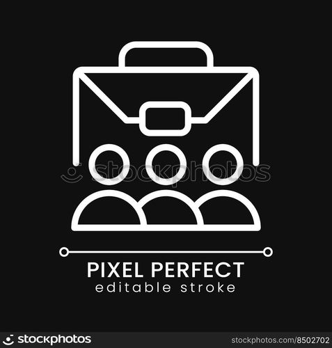 Team pixel perfect white linear icon for dark theme. Professional cooperation. Staff and personnel. Thin line illustration. Isolated symbol for night mode. Editable stroke. Poppins font used. Team pixel perfect white linear icon for dark theme