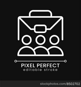 Team pixel perfect white linear icon for dark theme. Professional cooperation. Staff and personnel. Thin line illustration. Isolated symbol for night mode. Editable stroke. Poppins font used. Team pixel perfect white linear icon for dark theme