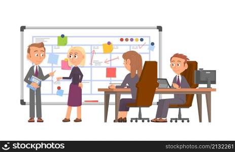 Team planning week. Business characters, company employee office meeting. Schedule calendar, project tasks. Time management decent vector concept. Illustration of business week schedule. Team planning week. Business characters, company employee office meeting. Schedule calendar, project tasks. Time management decent vector concept