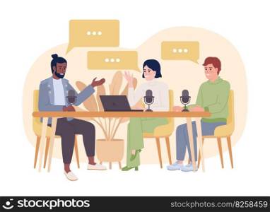 Team podcast 2D vector isolated spot illustration. Show hosts communicating with microphones at table flat characters on cartoon background. Colorful editable scene for mobile, website, magazine. Team podcast 2D vector isolated spot illustration