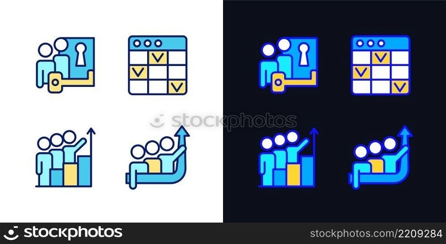 Team project pixel perfect light and dark theme color icons set. Problem solving. Simple filled line drawings. Bright cliparts on white and black. Editable stroke. Quicksand-Light font used. Team project pixel perfect light and dark theme color icons set