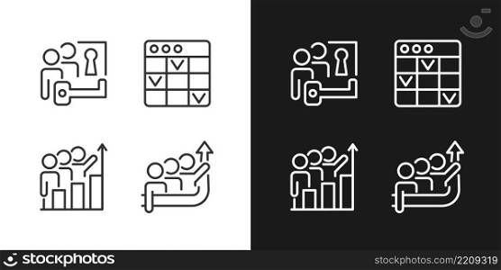 Team project pixel perfect linear icons set for dark, light mode. Problem solving. Task management. Common goal. Thin line symbols for night, day theme. Isolated illustrations. Editable stroke. Team project pixel perfect linear icons set for dark, light mode