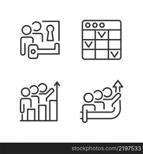 Team project pixel perfect linear icons set. Problem solving. Task management software. Common goal. Customizable thin line symbols. Isolated vector outline illustrations. Editable stroke. Team project pixel perfect linear icons set