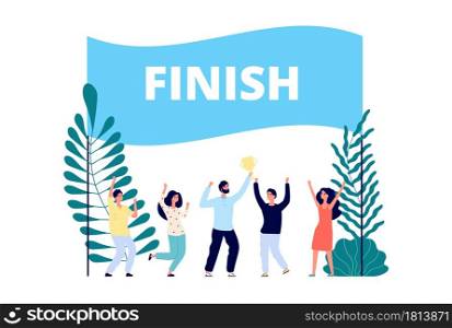 Team reached goal. Successful project finish, leadership competition. Business winners, man and happy people with gold cup vector illustration. Team finish project, teamwork prize, strategy winner. Team reached goal. Successful project finish, leadership competition. Business winners, man and happy people with gold cup vector illustration