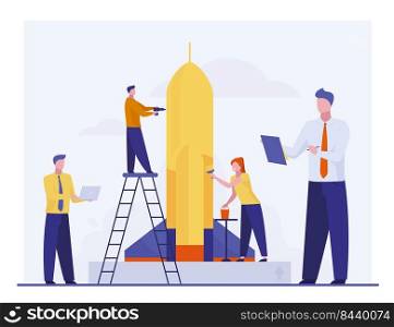 Team repairing and painting rocket for launch. Startup group, using laptop flat vector illustration. New project, business, idea concept for banner, website design or landing web page