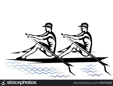 team rowing. two silhouette isolated oh a white background