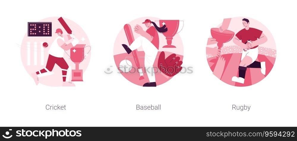 Team sport abstract concept vector illustration set. Cricket, baseball and rugby, playground field, play ball, sport game, world cup league, athletic stadium, sports betting abstract metaphor.. Team sport abstract concept vector illustrations.