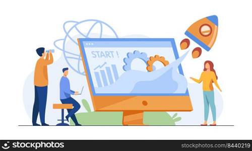 Team starting project. Workgroup working on startup, launching rocket from monitor with growth chart. Vector illustration for new business idea concept