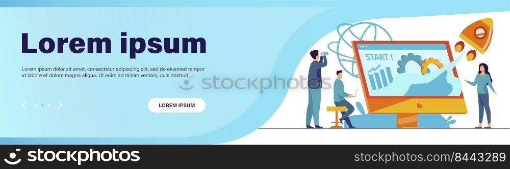 Team starting project. Workgroup working on startup, launching rocket from monitor with growth chart. Vector illustration for new business idea concept