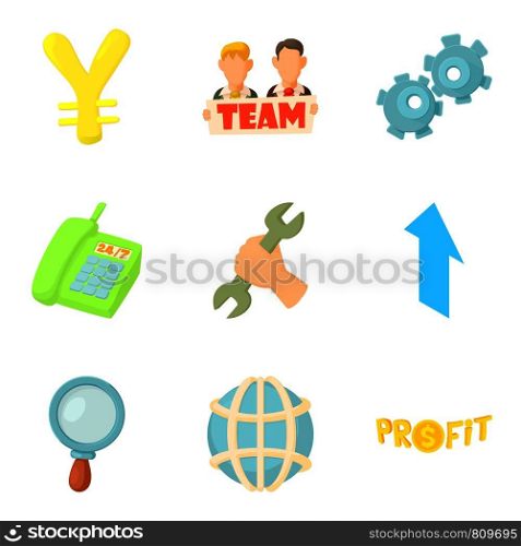 Team success icons set. Cartoon set of 9 team success vector icons for web isolated on white background. Team success icons set, cartoon style