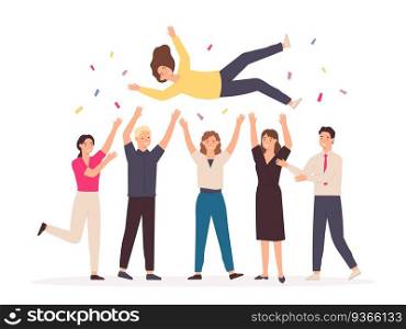 Team throwing person in air. Celebrate win and business success congratulation. Friends toss up woman at party with confetti vector concept. Young man and woman employees achieving victory. Team throwing person in air. Celebrate win and business success congratulation. Friends toss up woman at party with confetti vector concept