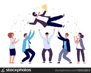 Team tossing man in air. Business people group celebrating success victory. Corporate achievement, winner award celebration, vector concept. Achievement award winner corporate teamwork illustration. Team tossing man in air. Business people group celebrating success victory. Corporate achievement, winner award celebration, vector concept