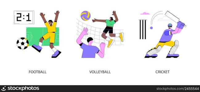 Team tournament abstract concept vector illustration set. Football and volleyball competition, cricket championship, sports betting, professional team, playground field, stadium abstract metaphor.. Team tournament abstract concept vector illustrations.