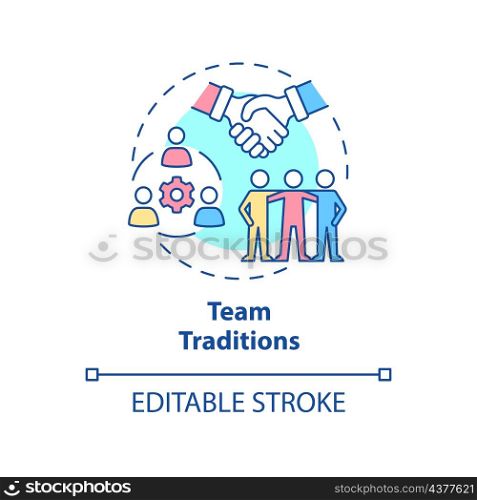Team traditions concept icon. Rituals connecting employees abstract idea thin line illustration. Isolated outline drawing. Editable stroke. Roboto-Medium, Myriad Pro-Bold fonts used. Team traditions concept icon