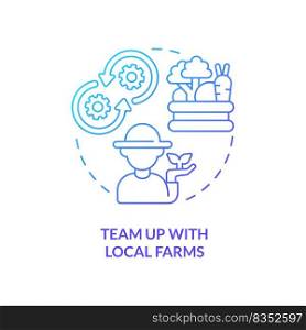 Team up with local farms blue gradient concept icon. Unique restaurant business abstract idea thin line illustration. Partnership with farmers. Isolated outline drawing. Myriad Pro-Bold font used. Team up with local farms blue gradient concept icon