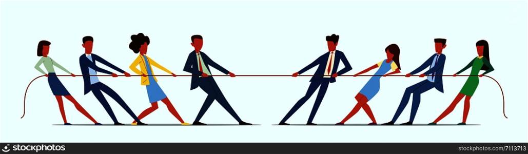 Team war. Young people pulling rope, employees competition. Conflict in business team. Office management teamwork games vector fight power battle competitive concept. Team war. Young people pulling rope, employees competition. Conflict in business team. Office management teamwork games vector concept