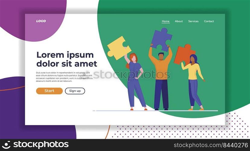 Team with puzzle pieces. Man and women standing together, holding jigsaw elements flat vector illustration. Teamwork, challenge, solution concept for banner, website design or landing web page