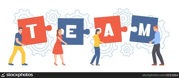 Team word puzzle. Employees group assemble color puzzle, business partners joint activities, mutually beneficial cooperation, men and women teamwork banner, vector cartoon flat style isolated concept. Team word puzzle. Employees group assemble color puzzle, business partners joint activities, mutually beneficial cooperation, men and women teamwork, vector cartoon flat isolated concept