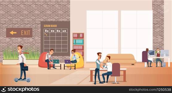 Team Work at Creative Light Open Space Office. Modern Device in Coworking Center Laptop, Hoverboard, Scrum Board. Coworker in Casual and Formal Wear. Flat Cartoon Vector Illustration. Team Work at Creative Light Open Space Office