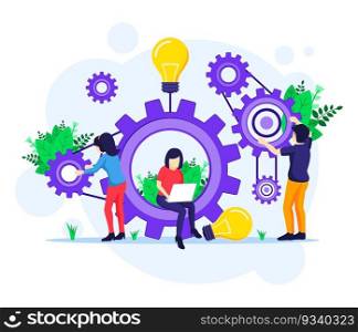 Team work concept, people putting together a series of cogs, links of the mechanism illustration