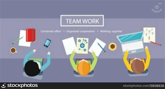 Team work coworking concept. Co-working item icons. Business meeting top view in flat design. Shared working environment. Combined effort, organized cooperation and working together concept