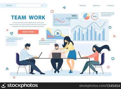 Team Work Horizontal Banner. Group of Business People Sitting Around of Table in Office with Gadgets and Laptops on Background with Analytics Graphs Information. Cartoon Flat Vector Illustration.. Team Work Horizontal Banner. Business People Group