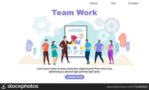 Team Work Horizontal Banner with Copy Space. Employees Watching Business Presentation of Professional Coach at Big Screen with Puzzle Pieces. Teamworking Cartoon Characters. Flat Vector Illustration. Employees Watching Business Presentation in Office